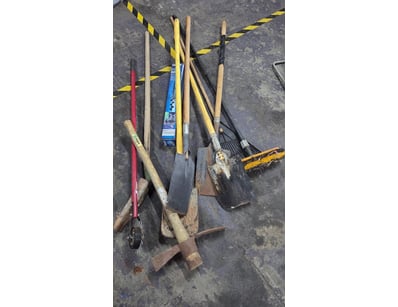 Tools, includes assorted shovels, garden auger and...