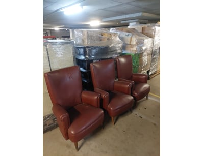 Set of three vintage burgundy leather wingback arm...