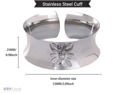 STAINLESS STEEL WIDE CUFF BANGLE WITH FLOWER      ...