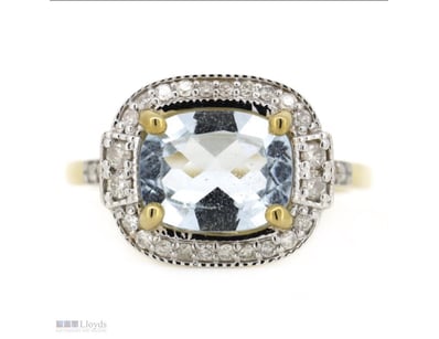 14K YELLOW GOLD, AQUAMARINE AND DIAMOND, HALO RING...