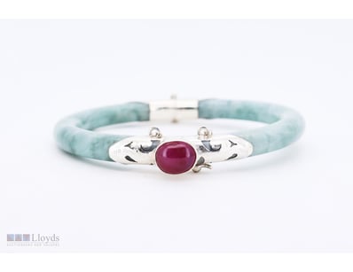 NATURAL JADEITE & NATURAL RUBY BANGLE ON 925 SILVE...