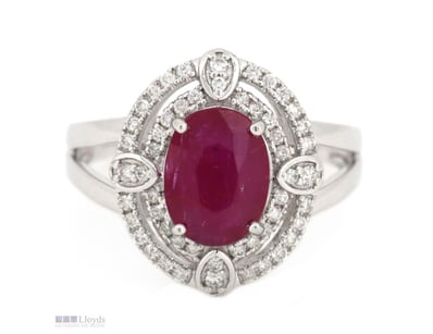 14K WHITE GOLD, RUBY AND DIAMOND, DOUBLE HALO RING...