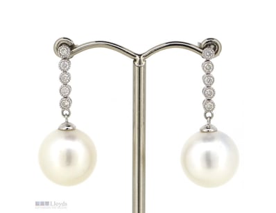 14K WHITE GOLD, CULTURED SOUTH SEA PEARL AND DIAMO...
