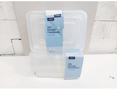 Two multi-packs of 10L clear plastic storage conta...