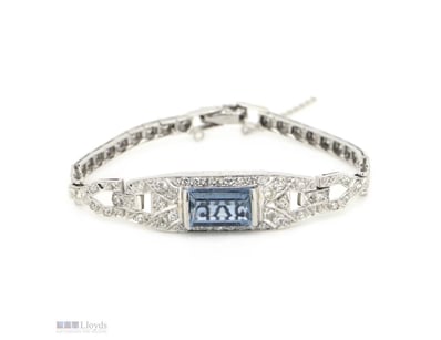 14K WHITE GOLD, AQUAMARINE AND DIAMOND, ART DECO I...