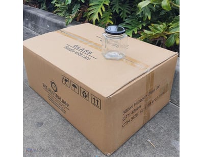 7 Boxes of 380ml Hexagon Glass Jars with Black Lid...