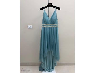 TEAL TULLE EVENING GOWN WITH BEADED WAIST DETAIL

...