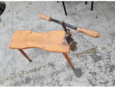 Pasta press, wood base and legs, steel type handle...