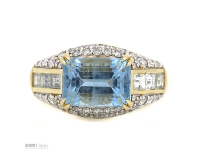 14K YELLOW GOLD, AQUAMARINE AND DIAMOND, STATEMENT...