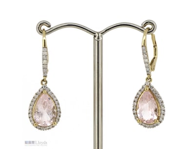 14K YELLOW GOLD, MORGANITE AND DIAMOND, HALO DROP ...