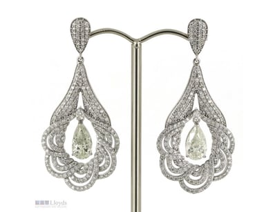 14K WHITE GOLD, 5.66CT TDW DIAMOND, ORNATE DROP EA...