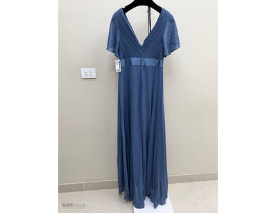 SLATE BLUE PLEATED WRAP EVENING GOWN WITH FLUTTER ...