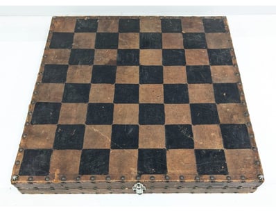 ANTIQUE BONE CHESS SET WITH LEATHER-BOUND WOODEN B...