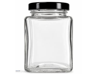 11 Boxes of Square Glass Jars 500g/400ml with Blac...