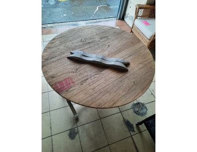 Drop side table, timber finish, signs of wear.

Di...