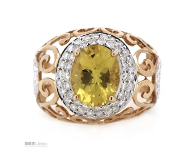 14K ROSE/WHITE GOLD, HELIODOR AND DIAMOND, FILIGRE...