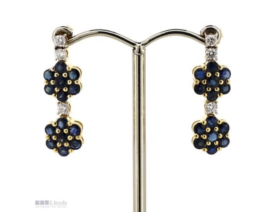 14K YELLOW GOLD, BLUE SAPPHIRE AND DIAMOND, FLOWER...