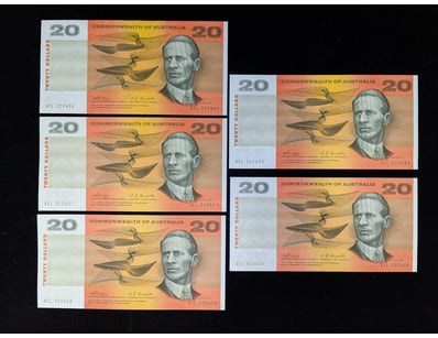 FIVE CONSECUTIVE 1968 AUSTRALIAN TWENTY DOLLAR BAN...