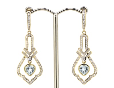 14K YELLOW GOLD, AQUAMARINE AND DIAMOND, DROP EARR...