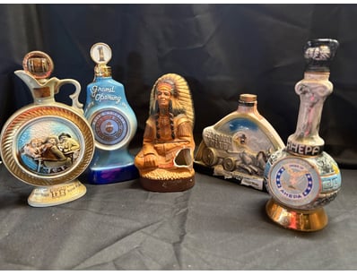 COLLECTION OF FIVE DECORATIVE CERAMIC SPIRIT DECAN...