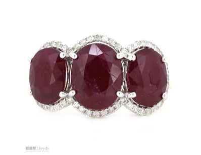 14K YELLOW/WHITE GOLD, RUBY AND DIAMOND, HALO TRIL...