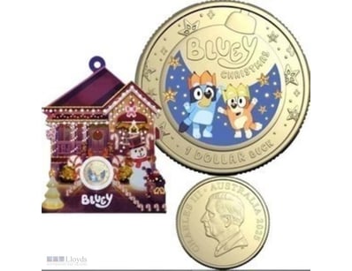 2025 AUSTRALIA $1 BLUEY CHRISTMAS COLOURED UNC COI...