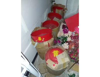 Lot of red enamel basins/bowls with yellow double ...