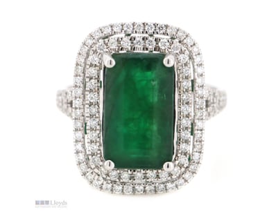14K WHITE GOLD, EMERALD AND DIAMOND, DOUBLE HALO S...