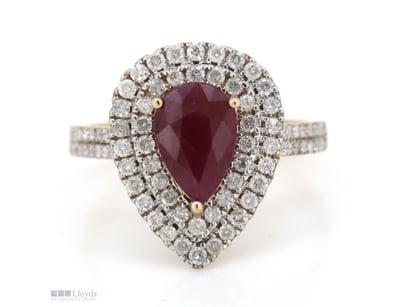14K ROSE GOLD, RUBY AND DIAMOND, DOUBLE HALO RING....