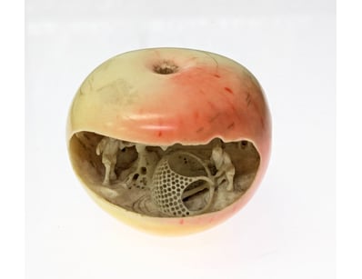 ANTIQUE CARVED IVORY APPLE WITH INTERIOR DIORAMA S...
