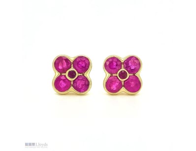 9CT YELLOW GOLD CEYLON RUBY FLORAL STUD EARRINGS  ...