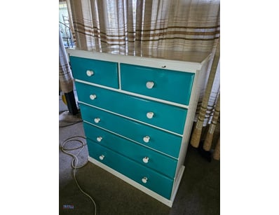 Tallboy/Dresser, Timber, White/Turquoise, 6-Drawer...