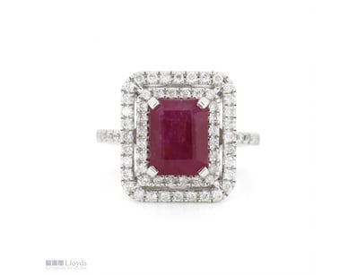 14K WHITE GOLD, RUBY AND DIAMOND, DOUBLE HALO RING...