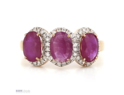 14K ROSE GOLD, RUBY AND DIAMOND, HALO TRILOGY RING...