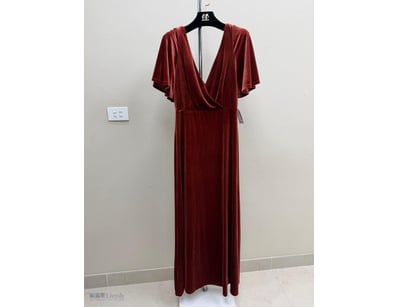 BURGUNDY VELVET WRAP MAXI DRESS WITH FLUTTER SLEEV...