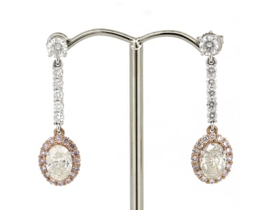 14K WHITE/ROSE GOLD AND DIAMOND, DROP EARRINGS.   ...