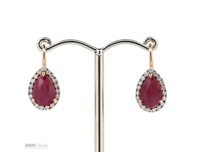 14K ROSE GOLD, RUBY AND DIAMOND, HALO DROP EARRING...