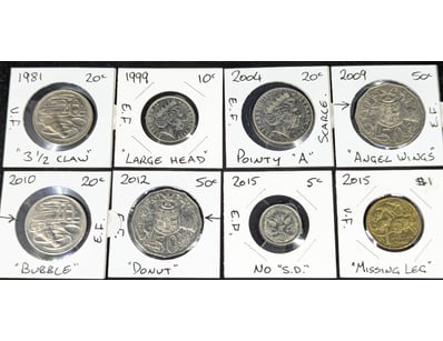 EIGHT AUSTRALIAN VARIANT/MISTAKE COIN COLLECTION
...