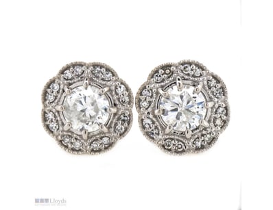 14K WHITE GOLD AND DIAMOND, HALO STUD EARRINGS.   ...