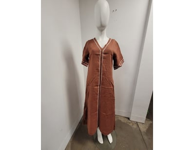VINTAGE RUST-BROWN LINEN KAFTAN DRESS WITH WHITE E...