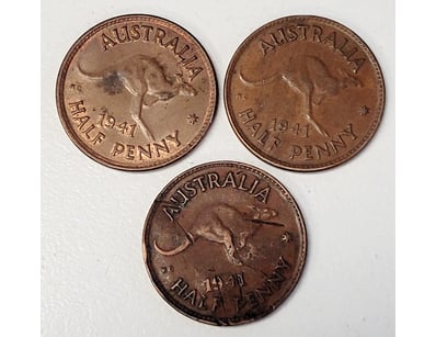 3X 1941 AUSTRALIAN HALF PENNY COINS

488567+18
...