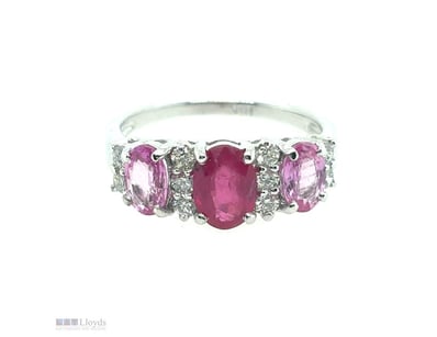 18CT WHITE GOLD (XRF TESTED) RUBY, SAPPHIRE AND DI...