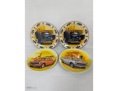 LOT OF 4 VINTAGE CLASSIC CAR PLATES. 
“THE BIRTH O...