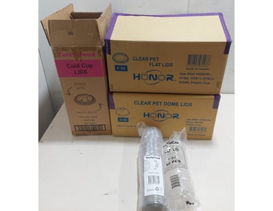 Assorted plastic cup lids including Honor F-92 Fla...