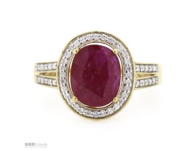 14K YELLOW GOLD, RUBY AND DIAMOND, HALO RING.     ...