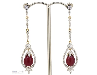 14K YELLOW GOLD, RUBY AND DIAMOND, DROP EARRINGS. ...
