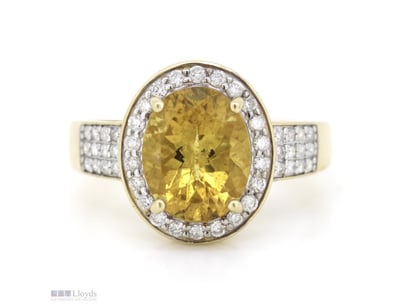 14K YELLOW GOLD, HELIODOR AND DIAMOND, HALO RING. ...