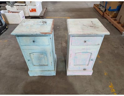 Vintage timber bedside cabinets featuring distress...