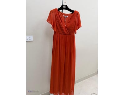 BURNT ORANGE PLEATED CHIFFON EVENING GOWN WITH FLU...