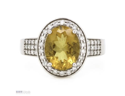 14K WHITE GOLD, HELIODOR AND DIAMOND, HALO TRIPLE ...
